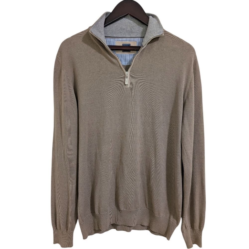 FEDELI Taupe/Tan Quarter-Zip Pullover Knit Italy 100% Cotton Mock Neck EU 52